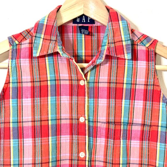Vintage Gap Plaid Sleeveless Button Down Shirt Red Pink Teal Summer Camp Retro - Picture 2 of 11
